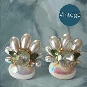 Vintage XL Clip On Earrings Faux Diamonds, Emeralds, Pearls and Iridescent Beads